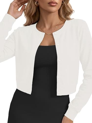 Heymoments Women Cropped Cardigan Bolero Shrug White Medium Button Down Long Sleeve Crewneck Casual Business Ladies Open Front Knit Lightweight Coat Fall Tops Sweater for Dresses Jean - Image 1