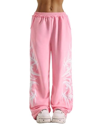 ZAFUL Womens Wide Leg Sweatpants Y2K Gothic Graffiti High Waisted Lounge Pants Athletic Joggers Pants with Pockets 1-Red S - Image 1