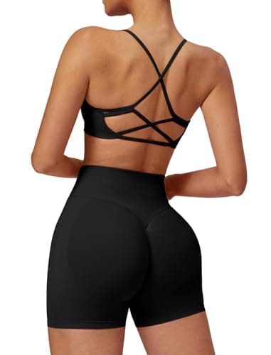 EFOGEP Women's Seamless Workout Gym Outfits High Waist Booty Shorts Sports Bra Two Piece Summer Short Set Black M - Image 1