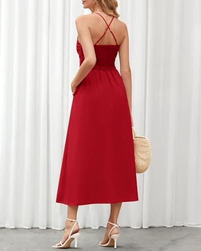 BTFBM Women 2026 Spaghetti Strap Midi Summer Dresses Sleeveless V Neck Cutout Slit Casual Beach Party Maxi Dress Pockets(Red, Medium) - Thumbnail 5