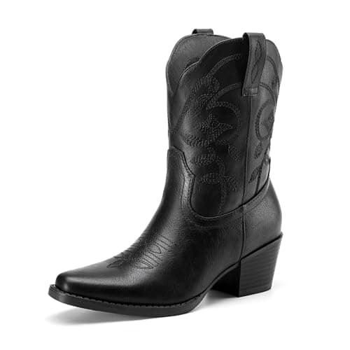 Athlefit Women's Cowboy Cowgirl Ankle Boots Square Toe Low Chunky Heel Embroidery Western Short Booties for Country Concerts Black Size 11, AD00764 - Image 1