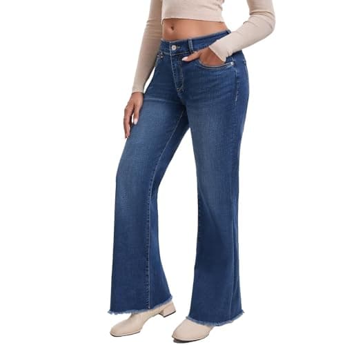 WAISUNZLM Women's High Waisted Bootcut Jeans Wide Leg Stretchy Denim Pants with Raw Hem Dark Blue - Thumbnail 2