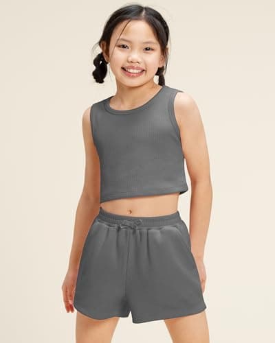 Stelle Girls Athletic Sets, Scoop Neck Ribbed Tank Tops Elastic Waist Shorts With Pockets 2 Piece Outfits, Girls Athletic Outfit 14-15, Charcoal, Xx-Large - Thumbnail 2