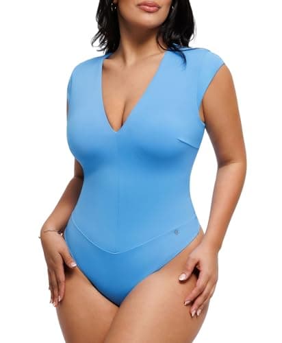 Popilush Shapewear Bodysuits for Women Deep V Neck Cap Sleeve Thong Body Suit Tummy Control Plus Size Going Out Tops Bluer - Image 1