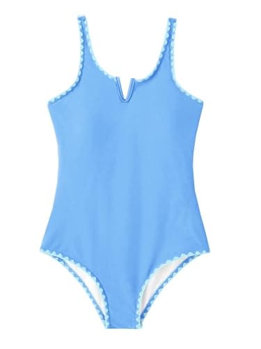 AMAWMW Girls Swimsuit One Piece Swimsuits Contrast Color V-Neck Bathing Suit Adjustable Straps Kids Swimwear Sky Blue 7-8Y - Image 1