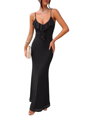 Prinbara Womens Mesh Bodycon Formal Maxi Dresses Summer Spaghetti Strap Ruffle Cocktail Wedding Guest Party Prom Long Dress Black Medium - Image 1