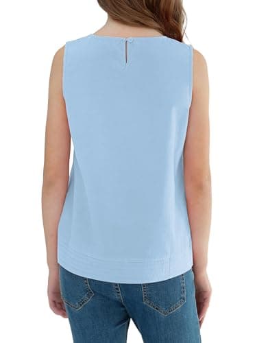 XMWEALTHY Girls Summer Tops Fashion Casual Sleeveless T Shirts for Girls Round Neck Pleated Blouse Tops 5-14 Years Kid Blue 5-6T - Thumbnail 2