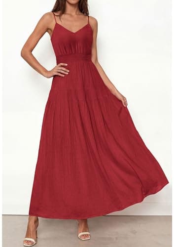 KIRUNDO Maxi Dresses for Women 2026 Summer Sleeveless Spaghetti Strap Long Flowy Beach Vacation Dress Boho A Line Sundress Red - Thumbnail 3