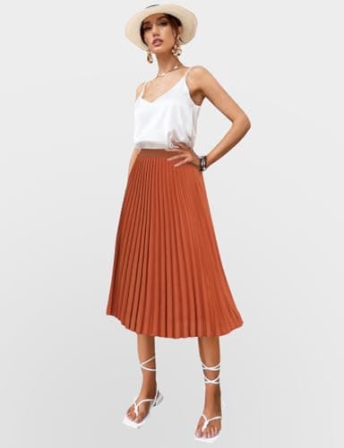Women's Midi Skirt Elastic High Waist Pleated Skirt Knee Length Swing A-Line Casual Flowy Skirts 2025 Red Brown,XXL - Thumbnail 4