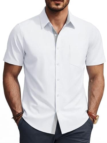 PJ PAUL JONES Mens Button Down Shirt Casual Short Sleeve Wrinkle Free Dress Shirt Solid Formal Shirt White L - Image 1
