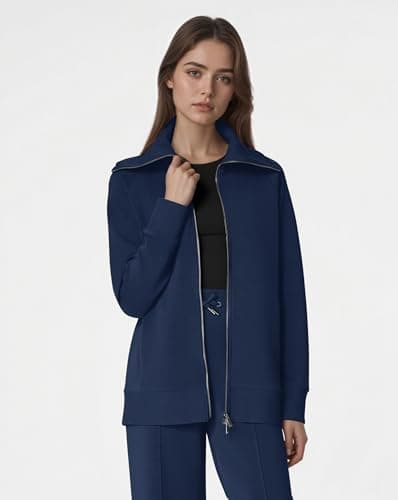 COCOMARTS Womens Crewneck Sweatshirts Zip Up Hoodies Casual Jacket with Pockets 2025 Fall Winter Fahsion Outfits Clothes Navy Blue Medium - Thumbnail 3
