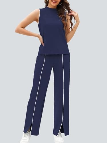 Casly Lamiit 2 Piece Sets for Women Summer Lounge Sets Sleeveless Tops Travel Cruise Outfits Resort Wear Navy Blue XS - Thumbnail 2