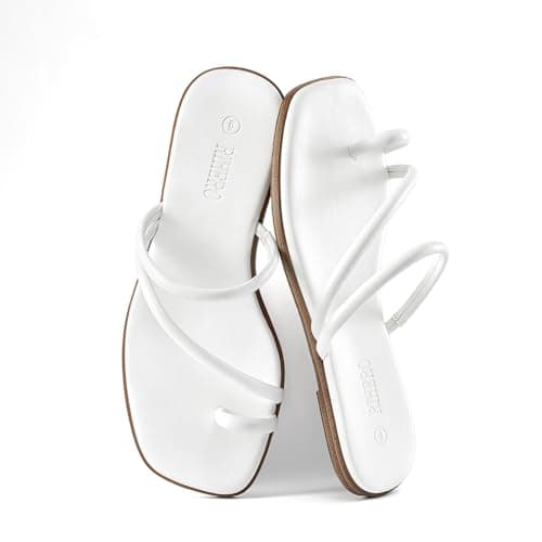 Rihero Womens White Slide Sandals Beach Square Toe Thong Flat Sandals Slip On Comfortable Dressy Summer Strappy Flip Flops Size 9.5 - Thumbnail 6