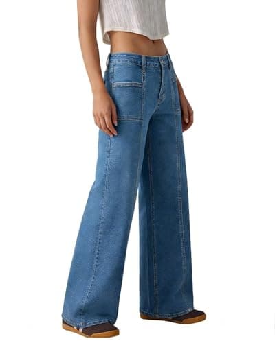 Flvsun Women's High Waisted Wide Leg Jeans Strechy Straight Leg Baggy Jeans Denim Pants Trendy 2026 Mid Blue M - Thumbnail 5