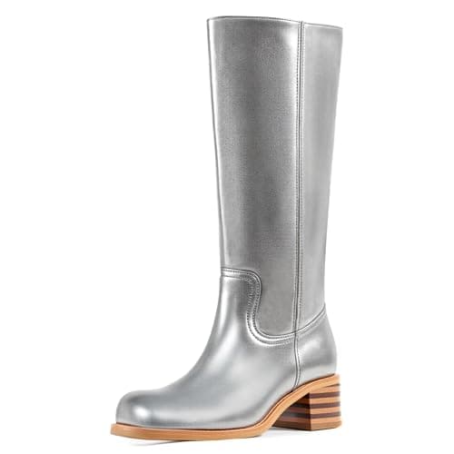 WIRALOMI Women's Knee High Campus Boots Square Toe Chunky Block Low Heel Vintage Long Boots for Women Wide Calf - Image 1