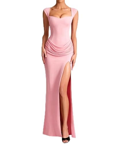 HUROGON Women's Prom Maxi Dress Sleeveless Ruched Sexy Bodycon Cocktail Slit Wedding Guest Dress Elegant Evening Long Gown(Pink,M) - Image 1