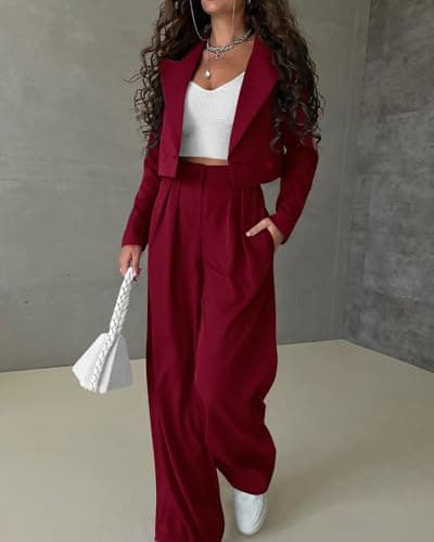 KIRUNDO Business Casual Outfits for Women 2025 Fall 2 Piece Cropped Blazer Jackets Wide Leg Pants Suit Sets Work Clothes(Wine Red, Large) - Thumbnail 5