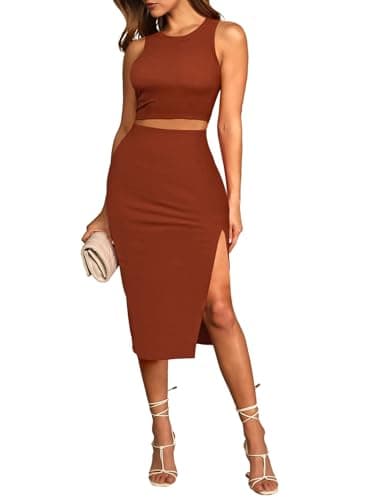 Pink Queen Sexy Dresses for Women 2 Piece Knit Tank Top Bodycon Evening Club Midi Skirt Matching Outfit Set Brown L - Image 1