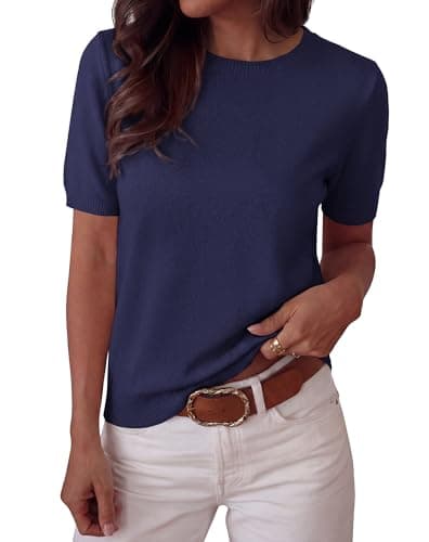 BTFBM Women's Short Sleeve Sweaters 2026 Summer Crew Neck Knit Work Shirts Business Casual Tops Basic Fall Fashion Clothing(Navy Blue, Large) - Thumbnail 2