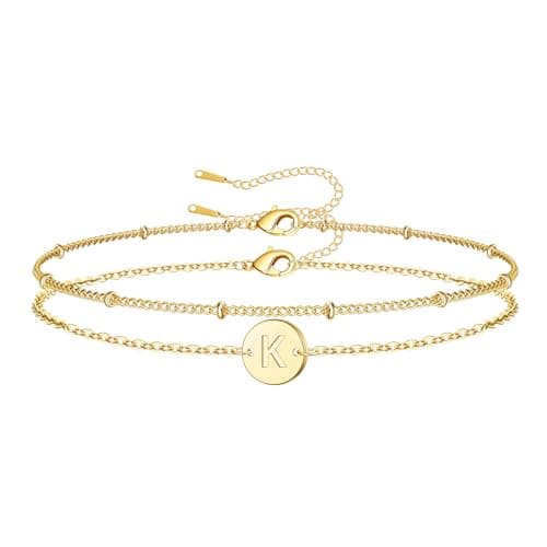 JNZSSWHJJH Thank you Gifts for Mom - Initial Bracelet for Women, 18K Gold Plated Letter K Bracelets Dainty Disc Monogram Charm Bracelet Bracelets for Women - Image 1