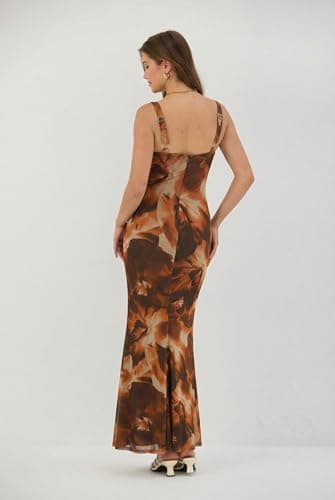 ZAFUL Brown Floral Dress Women's Sexy Wedding Guest Dress Formal Sleeveless Cocktail Mesh Ruched Bodycon Maxi Party Long Dresses - Thumbnail 2