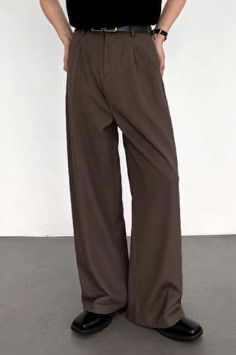 Heyfanee Wide Leg Dress Pants Men Loose Fit Pleated Slacks Baggy Stretchable Brown 30 - Thumbnail 3