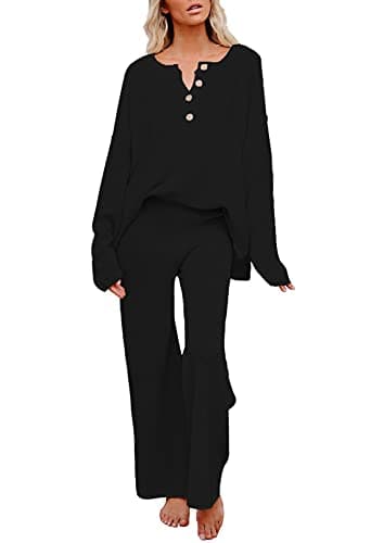 Pink Queen Women's 2 Piece Knit Sweatsuit Oversized Loose Pullover Sweater Top and Wide Leg Pants Outfit Set Black L - Image 1