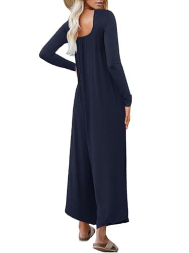 STOLKISS Women's Casual Loose Jumpsuits One Piece Long Sleeve Autumn Wear Wide Leg Long Pant Rompers With Pockets 2024 Blue - Thumbnail 3