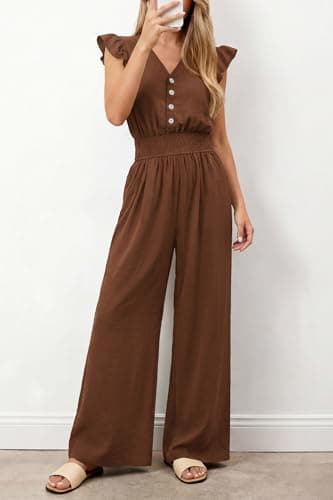 dowerme Women's Jumpsuits Dressy Casual 2026 Summer Ruffle Cap Sleeve V Neck Button Smocked Rompers Wide Leg Overalls(Brown,Large) - Thumbnail 2