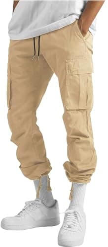 ALLABREVE Mens Casual Joggers Pants Hiking Drawstring Chino Cargo Pants Lightweight Outdoor Twill Track Jogging Sweatpants Cotton Loose Straight Leg Pants (Beige 30) - Thumbnail 4