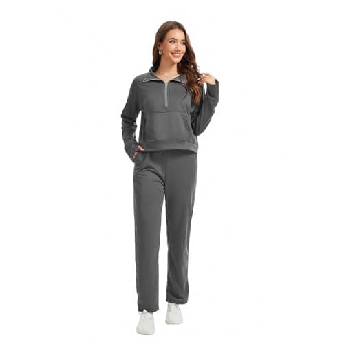 Anyshe Women's 2 Piece Sweatsuit Set Lounge Set Half Zip Sweatshirt with Kangaroo Pocket Thumb Holes Wide Leg Drawstring Pants Casual Tracksuit for Travel Daily Wear, Charcoal Grey, X-Large - Thumbnail 3