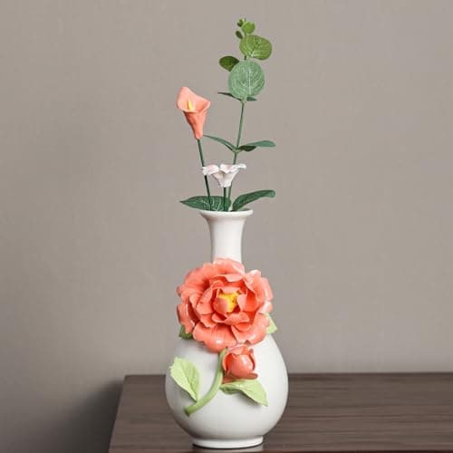 Handmade Pinched Flowers Ceramic Vase with One Ceramic Rose Flower, Home Decor Ceramic Vase for Dining Table, Living Room, Kitchen, Bedroom, Shelf, Office, Coffee Table, Restaurant & Fireplace Mantel - Thumbnail 4