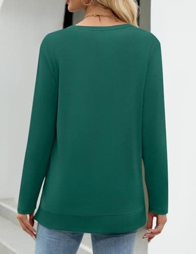 JUSTFASHIONNOW Womens Long Sleeve Tunic Tops to Wear with Leggings Crew Neck Side Split Layering Shirts Loose Fit Long Tops Darkgreen - Thumbnail 5