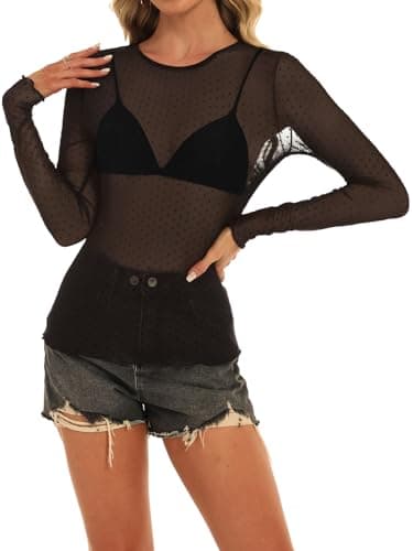 GKBK Womens Mesh Long Sleeve Tops Crew Neck Sexy See Through Tee Dressy Casual Shirts Party Club Night Lace Blouse Western Wear Outfit Clothes Going Out Clothing Black Polka Dot M - Thumbnail 6