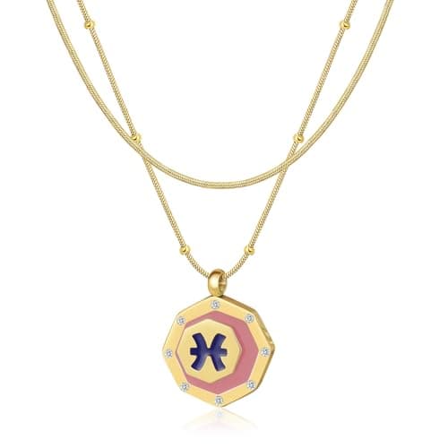 LETFLY Pisces Zodiac Necklace for Women, 18K Gold Plated Octagon Shaped Pendant with Cubic Zirconia Adjustable Layered Snake Chain for Womens Jewelry Gifts - Image 1