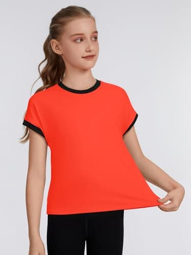 ZDC Girls Athletic Shirts Kids Summer Short Sleeve Workout T Shirt Quick Dry Tops Color Block Gym Yoga Tee Bright Orange - Thumbnail 4
