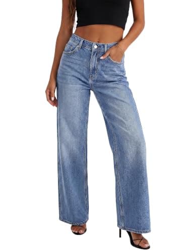 HDLTE Women Wide Leg Jeans High Waist Baggy Jeans Loose Boyfriend Jean Denim Pants Y2K Blue, X-Small - Image 1