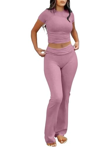 ANRABESS Lounge Sets for Women 2 Piece Foldover Yoga Flare Leggings Pants Crop Tops Casual Y2K Outfits Matching Tracksuit Set Pink X-Small - Image 1