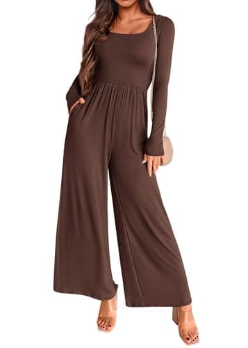 KIRUNDO Long Sleeve Jumpsuit for Women 2026 Spring Outfits Summer One Piece Square Neck Wide Leg Pants Romper With Pockets(Coffee, X-Small) - Image 1