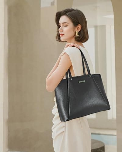 Blofinche Genuine Leather Tote Bag for Women Work Laptop Bag, 15.6 Inch Large Professional Computer Bag with Zipper Closure, Commuter Business Purse for Office Travel, Black - Thumbnail 2