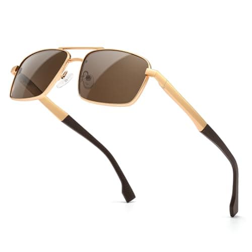 SUNGAIT Classic Rectangle Sunglasses Men Adjustable Anti-slip Temple Polarized UV400 Protection for Driving Fishing Golf(Gold Frame/Brown Lens)