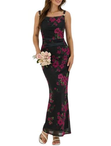 ZAFUL Pink Flower Dress Wedding Guest Dress for Women's Sexy Dress Formal Sleeveless Mesh Ruched Bodycon Maxi Party Long Dresses Sexy - Image 1