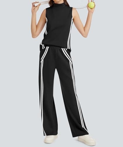 Casly Lamiit 2 Piece Lounge Set Women Travel Outfits Casual Tracksuit Jogging Sweat Activewear Mock Neck Sleeveless Top Long Pants Black S - Thumbnail 2