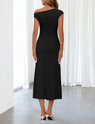 MEROKEETY Women's Wedding Guest One Shoulder Dresses 2026 Summer Formal Elegant Cocktail Party Midi Dress, Black, XL - Thumbnail 4