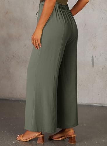 Dokotoo Wide Leg Pants Woman Palazzo Pants 2026 Drawstring Flowy Elastic Waist Petite Casual Dress Trousers Vacation Outfits with Pockets Beach Vacation Clothes,Olive XX-Large - Thumbnail 6