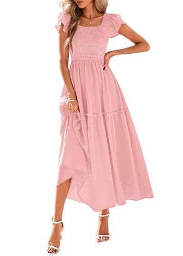 KIRUNDO Smocked Summer Dresses for Women 2026 Wedding Guest Midi Flowy Ruffle Short Sleeve Square Neck Tiered Sundress(Pink, X-Large) - Image 1