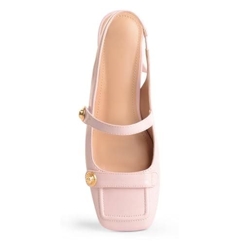 Pink Slingback Mary Jane Heels for Women Low Block Heel Closed Square Toe Pump Shoes Heels Classic Daily Office Dressy Shoes Pink Size 9.5 - Thumbnail 5