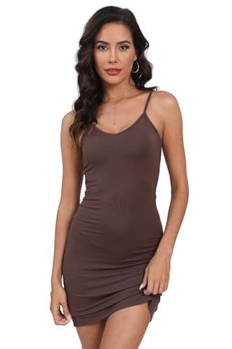 EaseWay Women's Basic Adjustable Spaghetti Strap Cami Under Mini Slip Dress Brown - Thumbnail 4