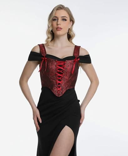 Grodress Renaissance Corset Vest Tops for Women Red Linen Overbust Bustier Bodice Sleeveless Drawstring Crop for Valentine's Day - Thumbnail 2
