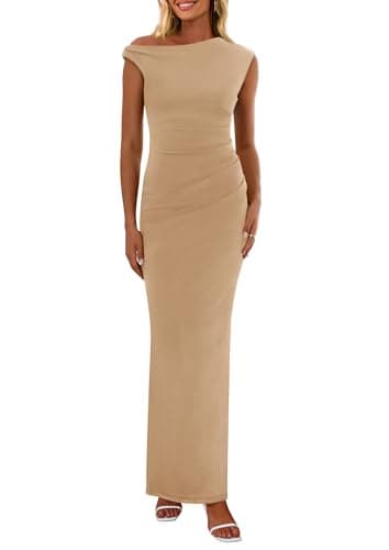 PRETTYGARDEN Women's 2026 Summer Formal Maxi Dresses Sleeveless One Shoulder Bodycon Ruched Mesh Wedding Guest Cocktail Dress (Khaki,Large)